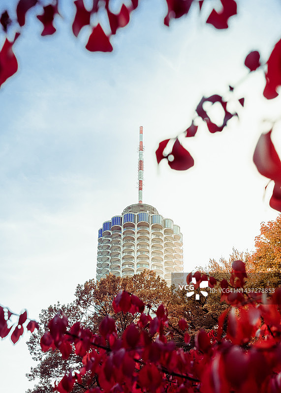 德国巴伐利亚奥格斯堡的秋叶掩映下的高层建筑图片素材