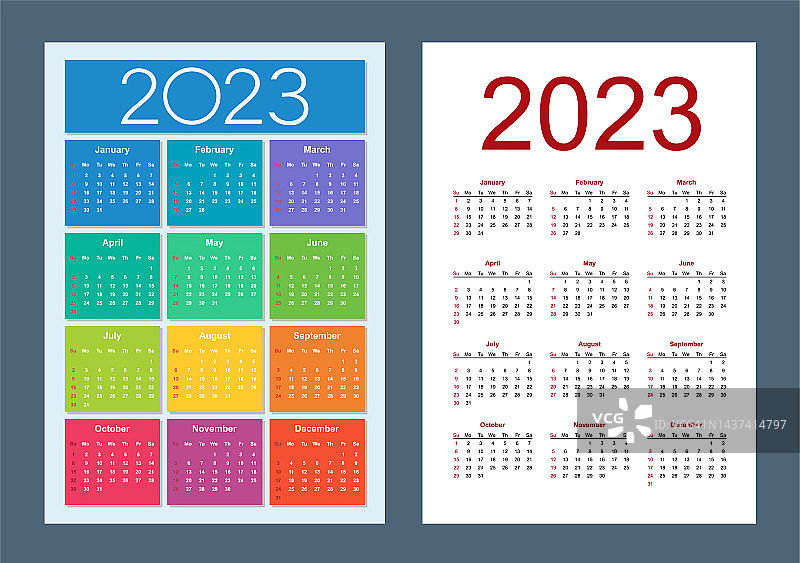 2023年彩色日历，每周从周日开始。竖版矢量素材图片素材