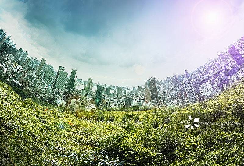 绿色蔓延全景城市风光，数字合成图像图片素材