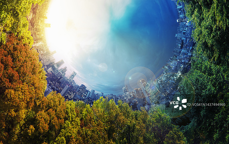 绿色蔓延全景城市风光，数字合成图像图片素材