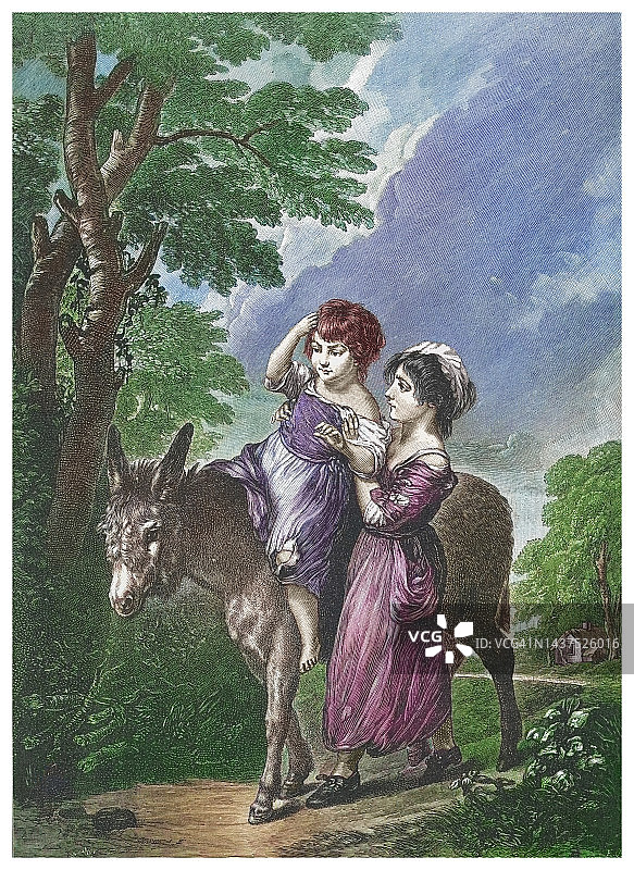 古老的雕刻插图：茅舍儿童——女孩坐在姐姐扶着的驴子上图片素材