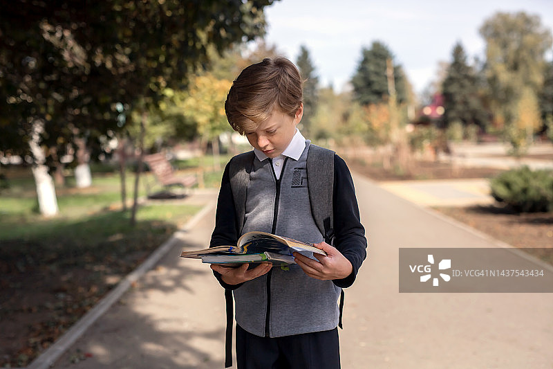 背着书包、带着书本的男学生。教育理念。重返校园。学生去上课。时尚的男孩背着背包。图片素材
