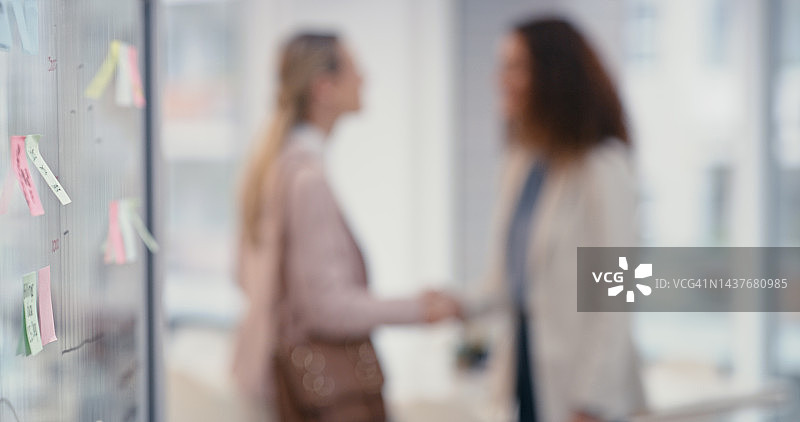 招聘经理欢迎新入职女员工，面试成功后握手。B2B合作，商业谈判后双方握手或办公室招聘图片素材