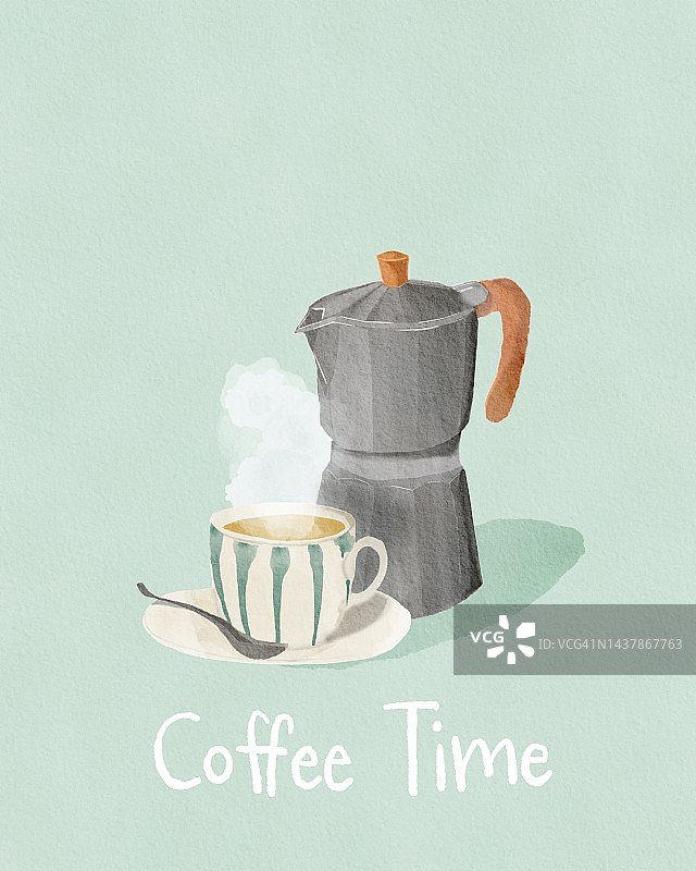手绘水彩风格意大利咖啡壶和热咖啡杯插画图片素材