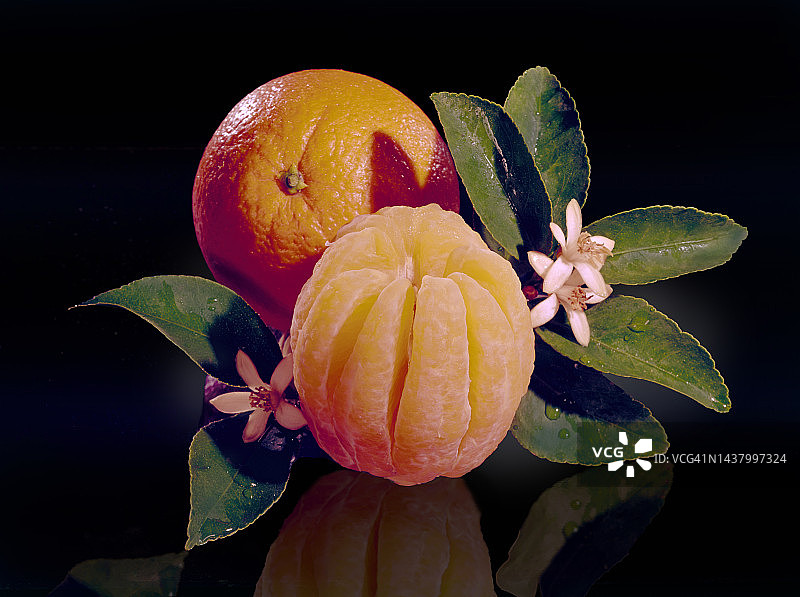 带有叶子和花朵的橙子图片素材