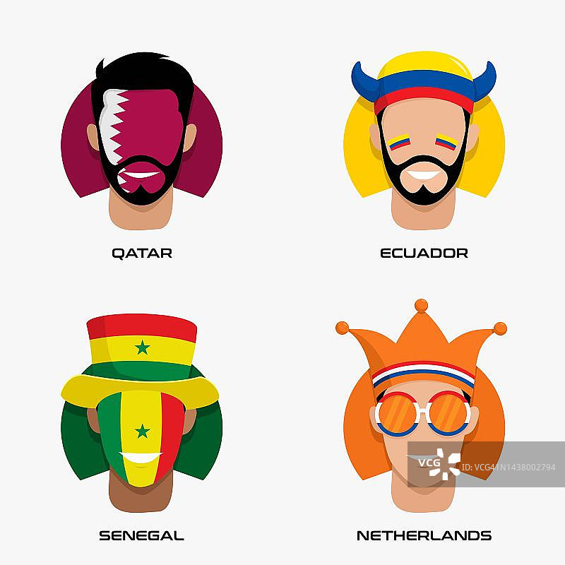 A组足球迷卡塔尔、厄瓜多尔、塞内加尔、荷兰国旗帽子微笑脸矢量设计图片素材