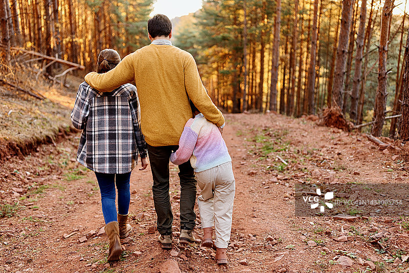 幸福的一家人在森林里徒步旅行的背影图片素材