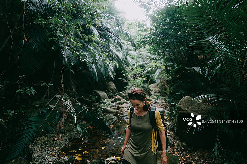 女人在丛林中的溪流中徒步图片素材