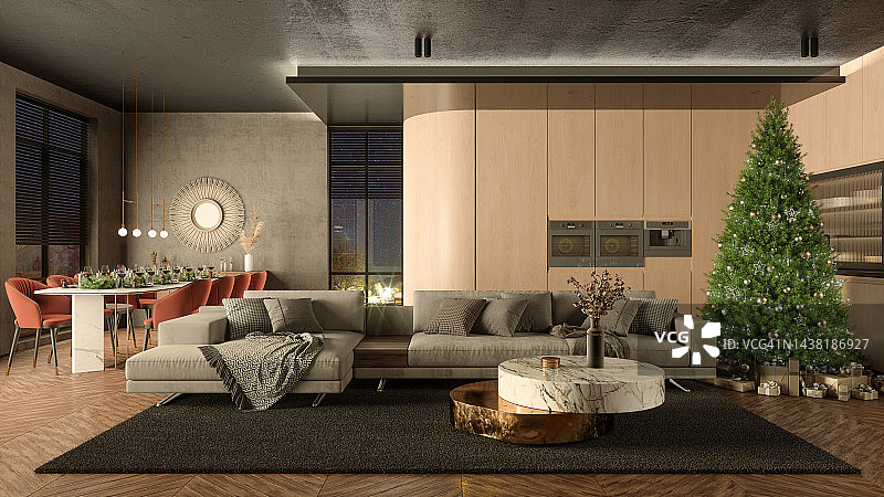 现代开放式住宅内景，配有圣诞树、礼品盒、装饰品、转角沙发、用餐区和夜间厨房图片素材