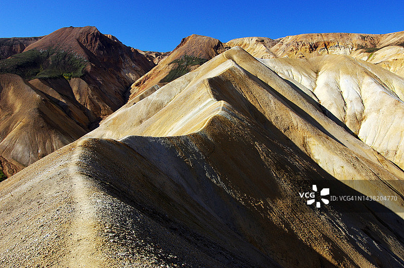 冰岛Landmannalaugar山谷中的彩色流纹岩山丘小径图片素材
