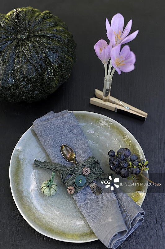 南瓜、葡萄、盛开的番红花、盘子、茶匙、餐巾和带缝纫纽扣的自制餐巾环图片素材