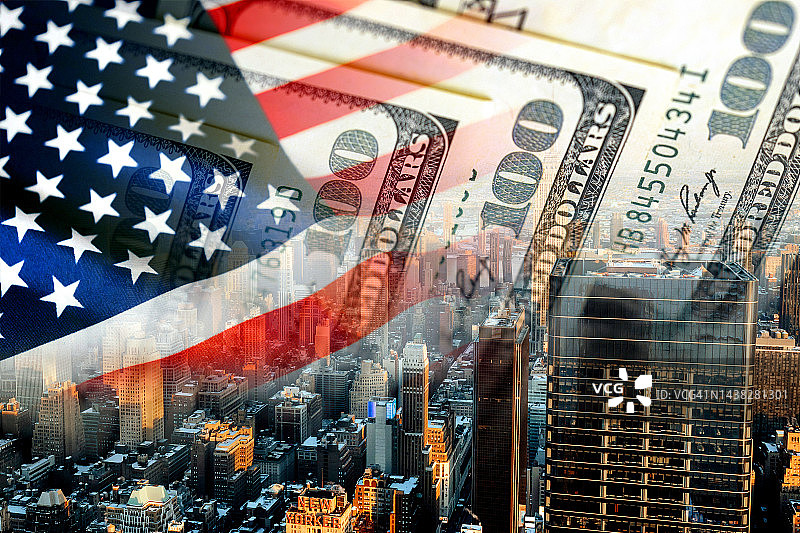 美国国旗、纽约市全景及美元现金图片素材