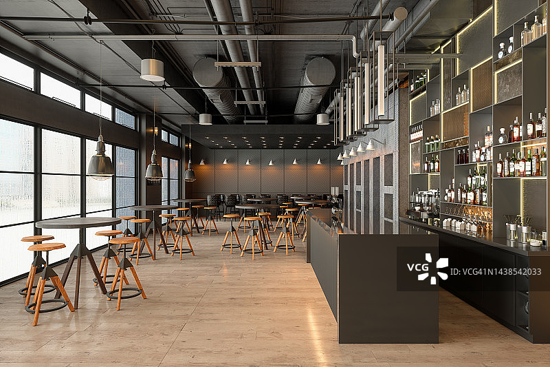 酒吧室内：吧台、桌子和吧台凳图片素材