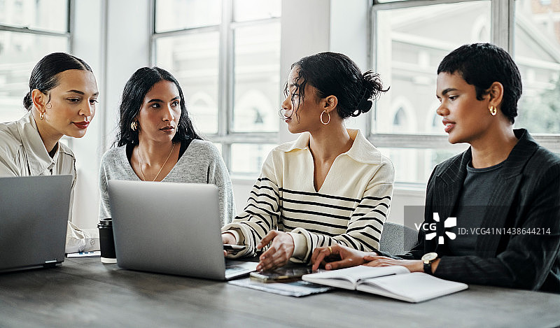 女性，笔记本电脑和团队商务会议，网页设计培训，团队合作。年轻女企业家，在公司创业办公室空间进行数字营销和技术管理规划战略图片素材