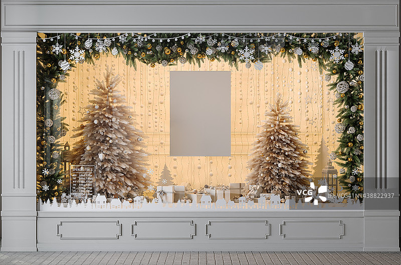 带有圣诞树、装饰品、礼品盒和空白海报的商店橱窗图片素材