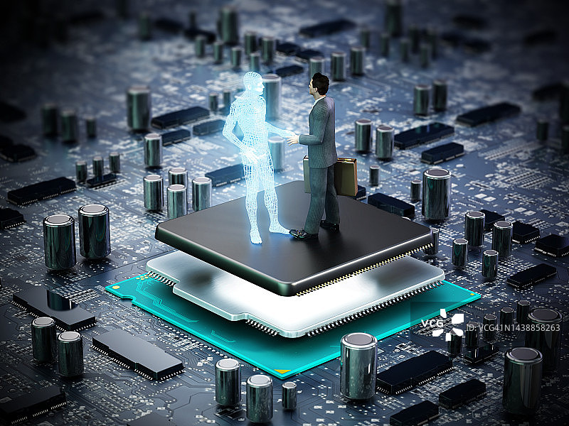 商人与发光的自我映像握手，人与人工智能互动概念图片素材