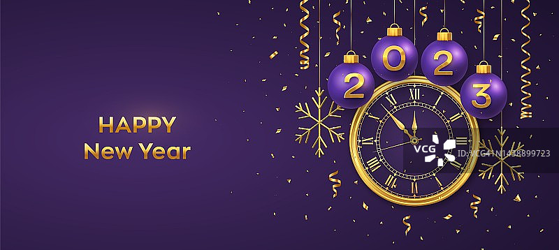 2023新年快乐，悬挂紫色圣诞球，逼真金色3D数字和雪花，新年午夜倒计时矢量图图片素材