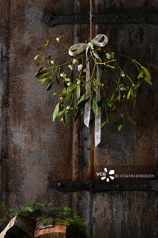 圣诞槲寄生植物，浆果用蝴蝶结系在一起，挂在古老的乡村门上图片素材