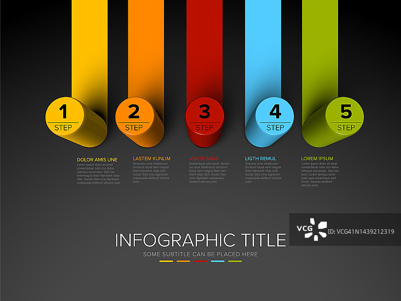 带有圆柱形圆形步骤的五个深色步骤模板图片素材