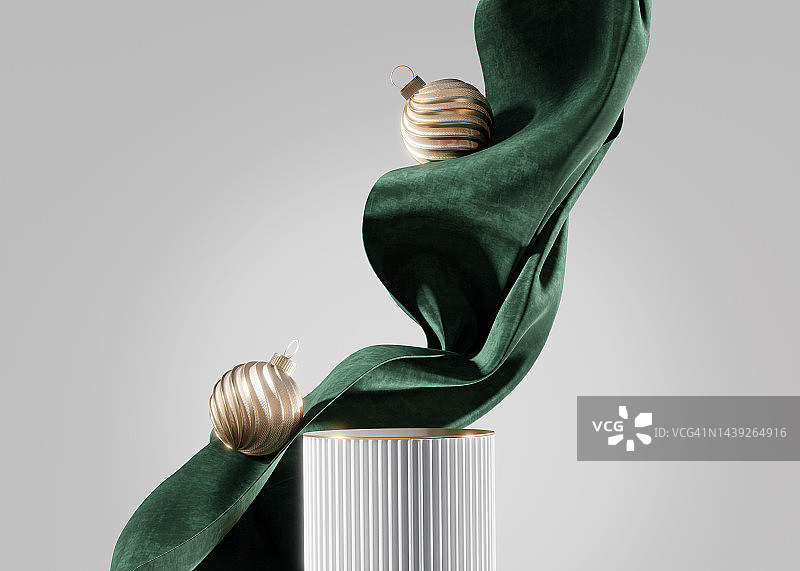 3D展示台，圣诞节背景，美容产品，化妆品展示，金色，带绿色天鹅绒布的闪光装饰球，新年工作室抽象基座，冬季3D渲染模型图片素材