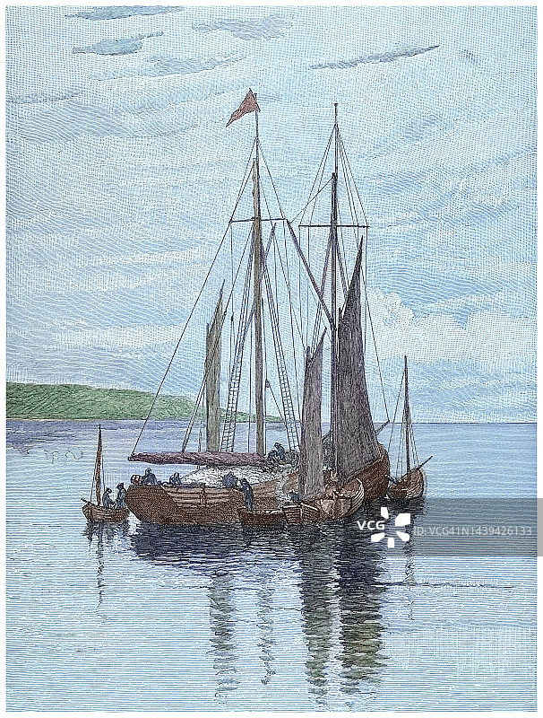 渔船围绕着丰收后的航线的老式雕刻插图图片素材