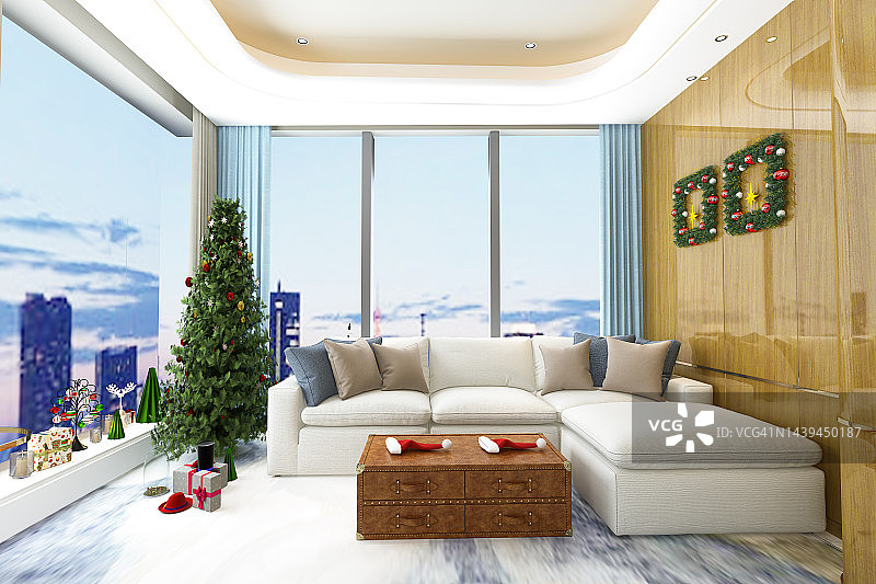 带有圣诞装饰和城市景观的现代客厅图片素材