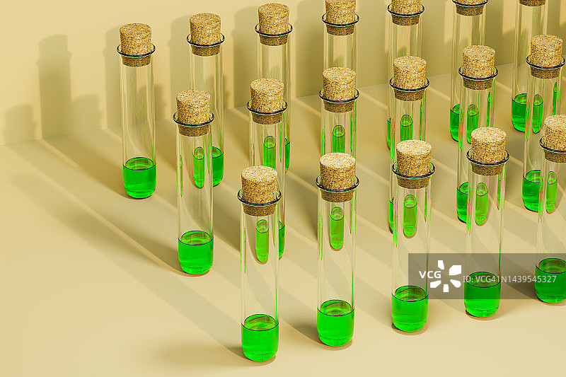 绿色液体的实验室容器电脑生成图像，科学概念图片素材