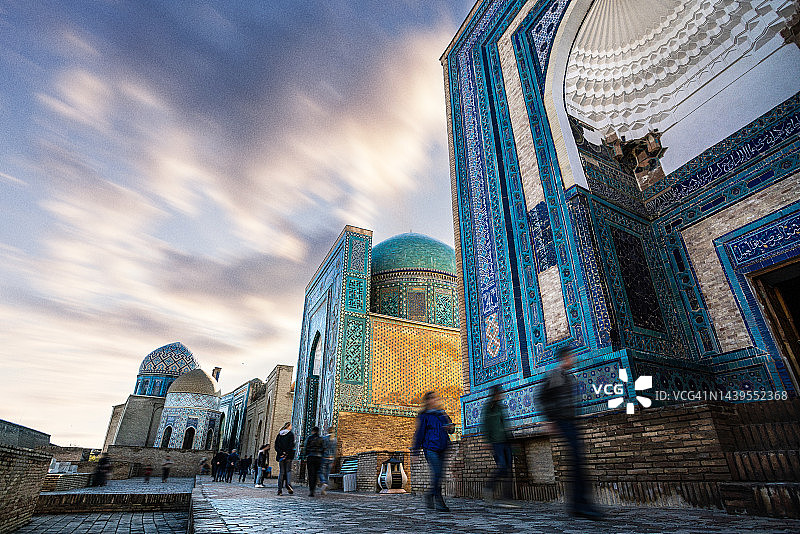 撒马尔罕Shah-i-Zinda古陵墓日落景色图片素材