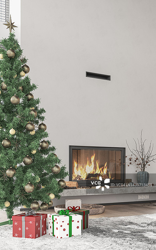 前景中壁炉前有圣诞树的现代客厅-侧视图图片素材
