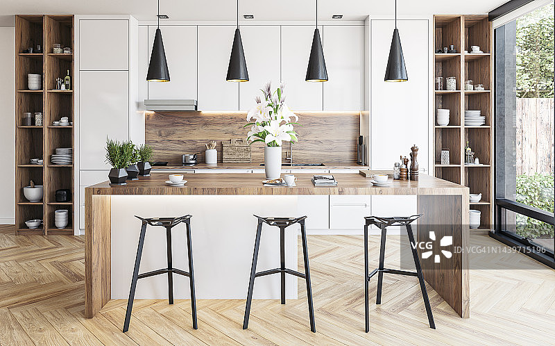 现代白色厨房：带凳子的矩形早餐岛台图片素材
