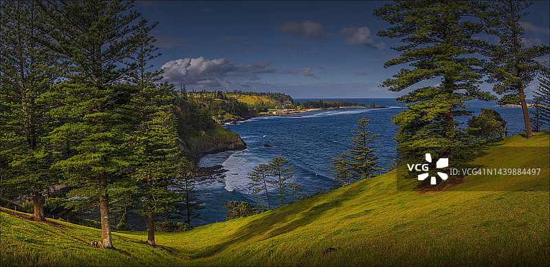 诺福克岛悬崖和松树的沿海景观，澳大利亚，南太平洋南部图片素材