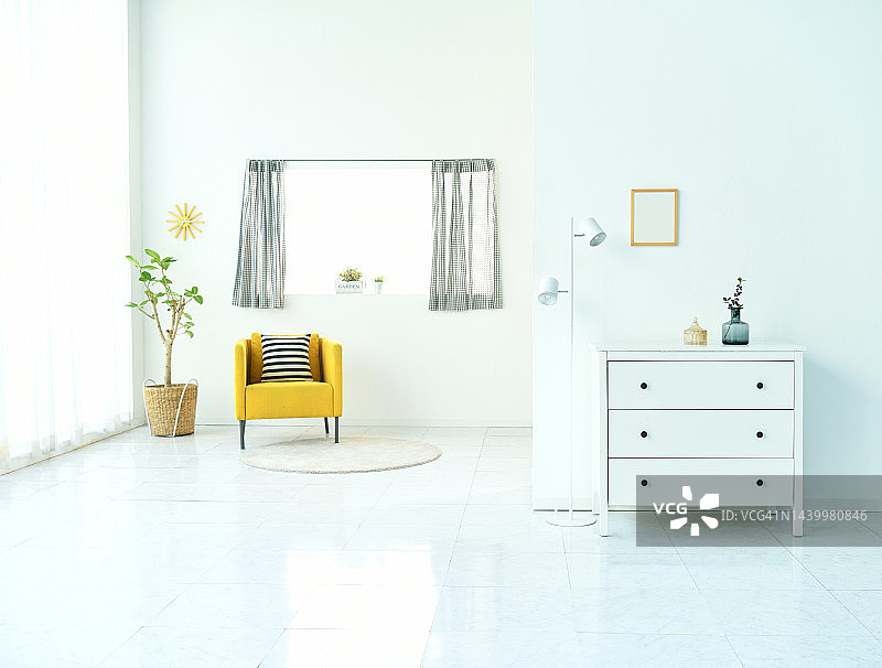 室内沙发椅子黄色植物花盆花瓶储物地毯相框架子图片素材