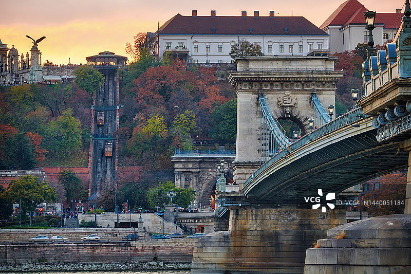 布达佩斯城堡山缆车与链子桥图片素材