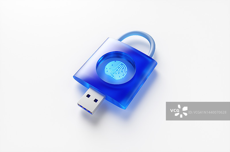 带指纹扫描仪的区块链钱包。USB加密货币钱包，电子货币钱包。图片素材