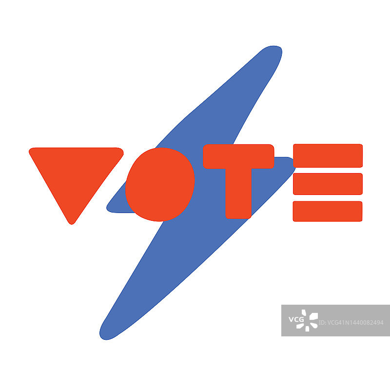 投票：带有闪电符号的粗体文字。去投票。插图。红色和蓝色。图片素材