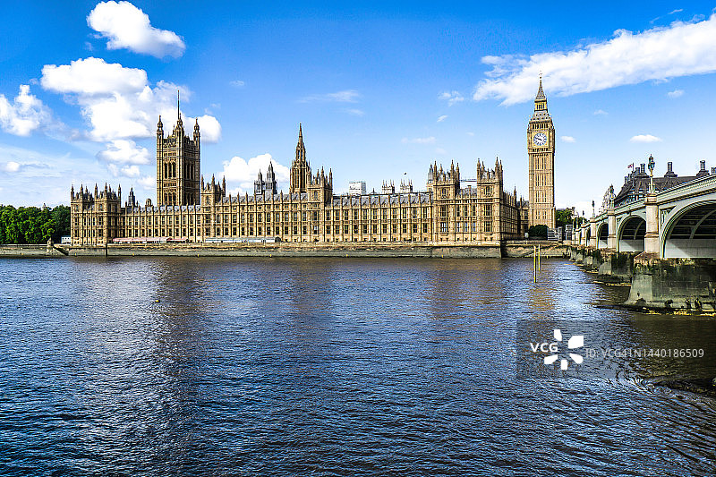 英国伦敦泰晤士河上的国会大厦、大本钟和威斯敏斯特桥图片素材