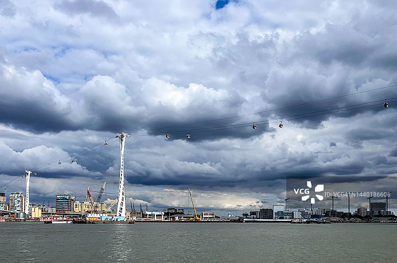 伦敦缆车和皇家码头上空的暴风云，英国伦敦图片素材