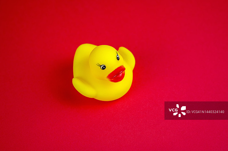 红色背景黄色橡皮鸭俯视图图片素材