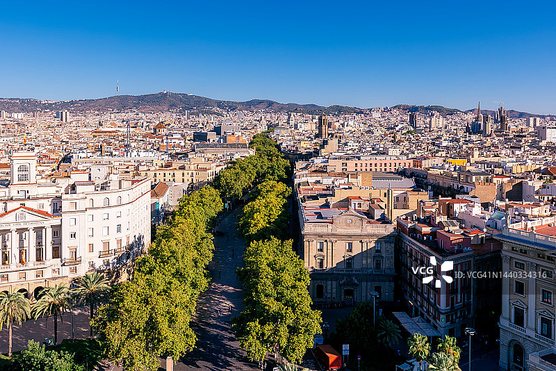 夏季巴塞罗那兰布拉大街鸟瞰，西班牙图片素材