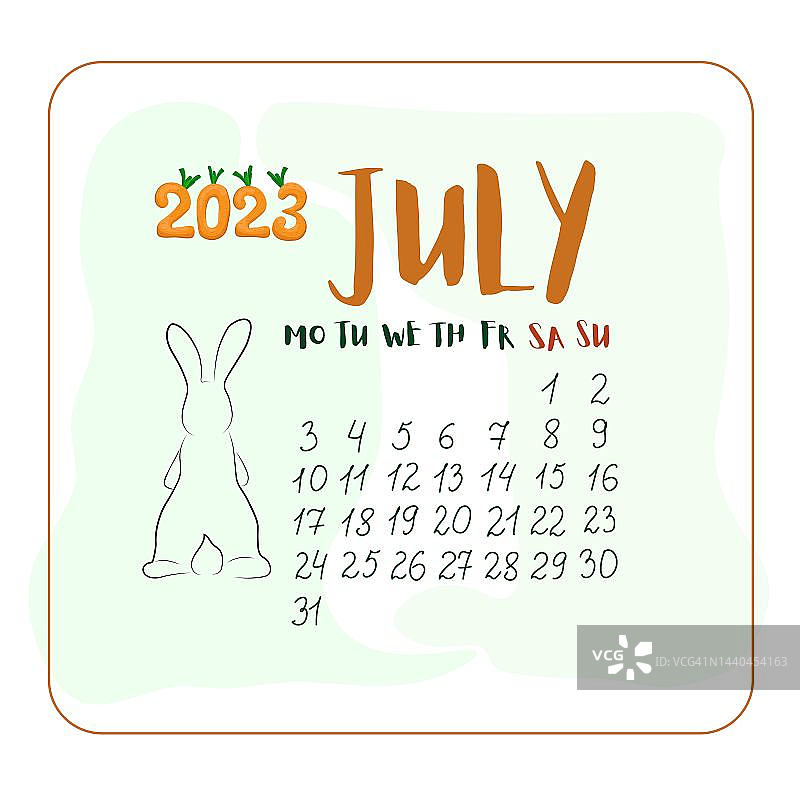 2023年7月卡通风格日历，可爱的兔子和胡萝卜数字图片素材
