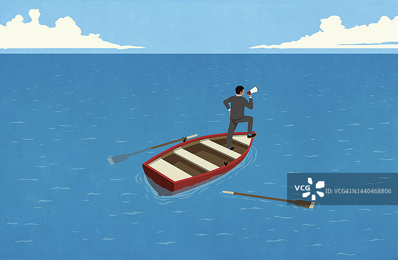 在划艇上用扩音器的商人图片素材