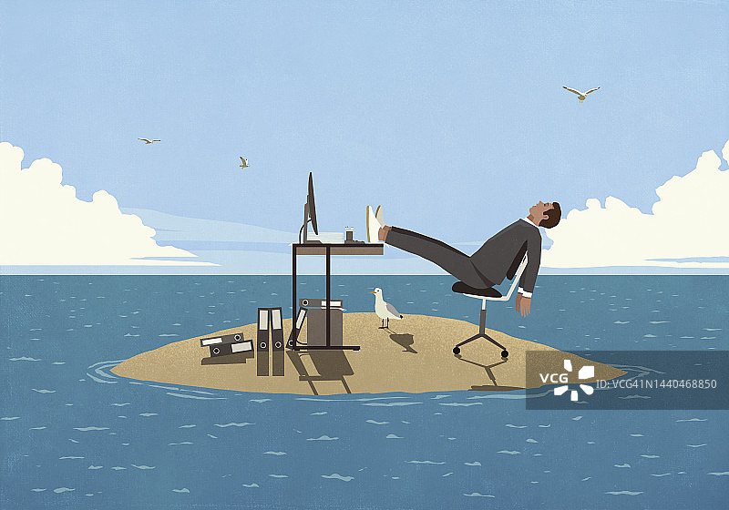 疲惫的商人在海洋中的小岛的办公桌上做白日梦图片素材
