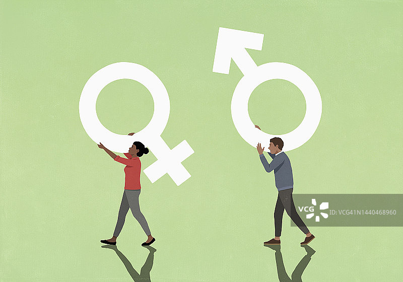 情侣在绿色背景上搬运性别符号图片素材