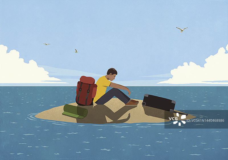 带着行李滞留在海岛上的疲惫男人图片素材