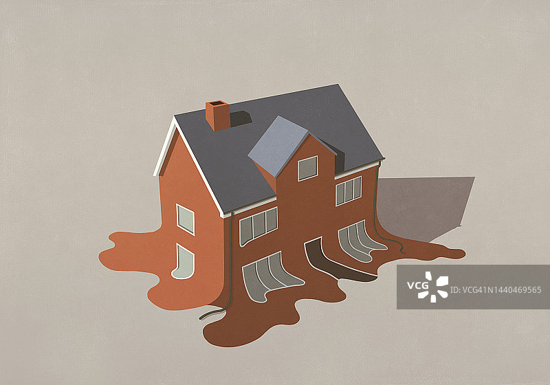 米色背景上融化的房屋图片素材