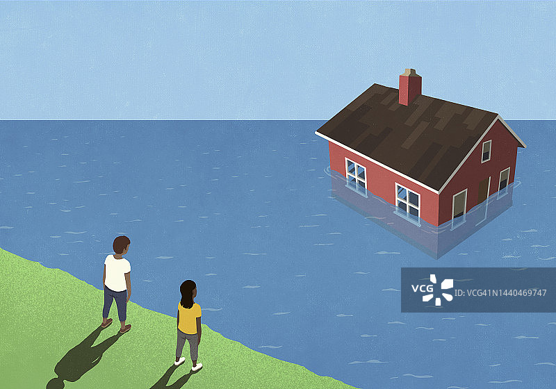 情侣观看房屋沉入水底图片素材