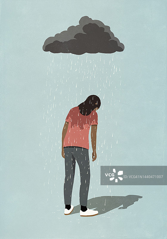 抑郁的女人头顶的雨云图片素材