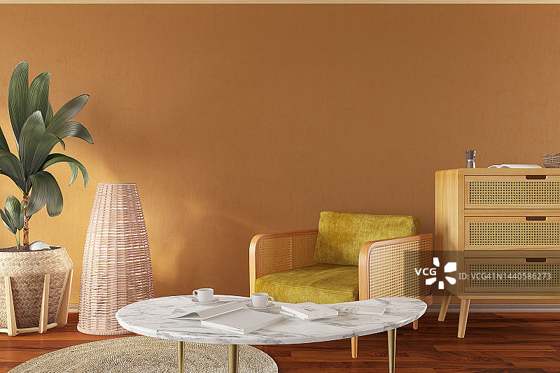 斯堪的纳维亚风格客厅与空米色墙壁和木制家具图片素材