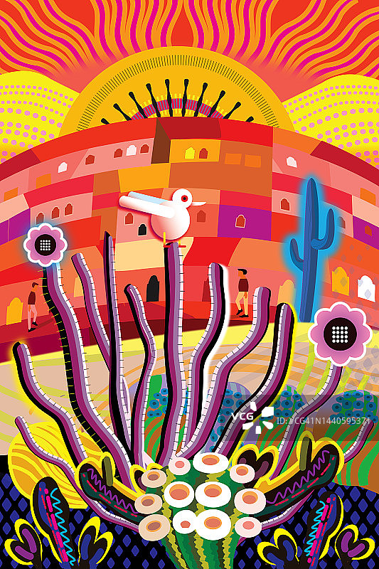 沙漠花园日出景观，仙人柱和开花仙人掌插画图片素材