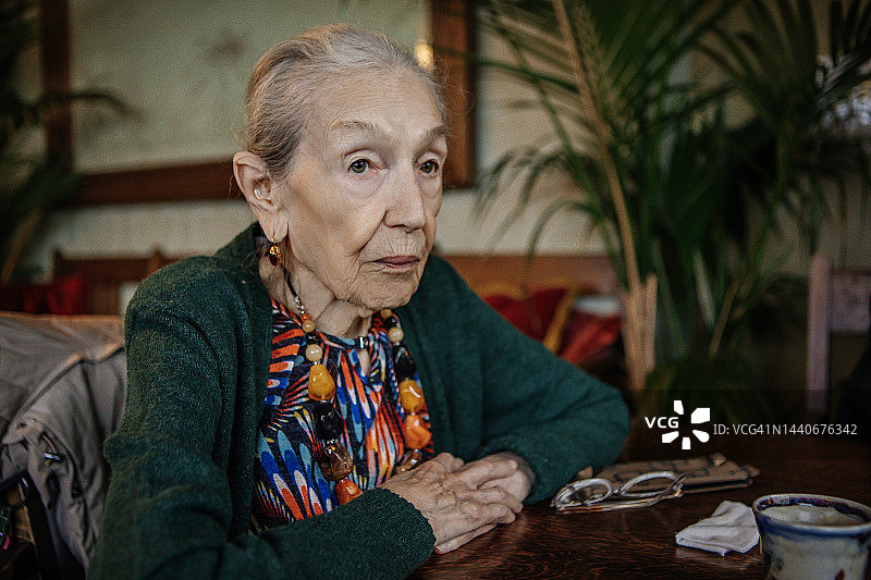 画像：在客厅里优雅的97岁老妇图片素材